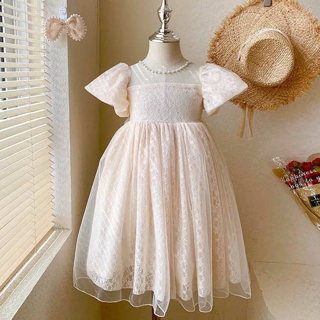蕾絲拼接紗裙蓬袖洋裝 米白色 90-150cm #0428