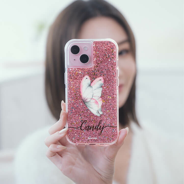 夢幻粉蝶 粉耀撞白殼 - (訂製名字) - iPhone 客製化手機殼