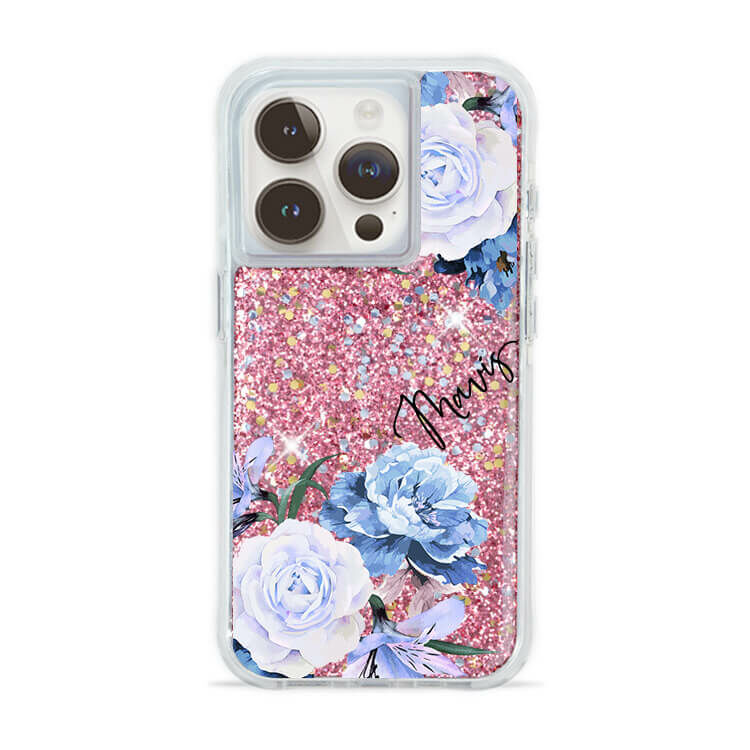 藍紫玫瑰 粉耀撞白殼 - (訂製名字) - iPhone 客製化手機殼