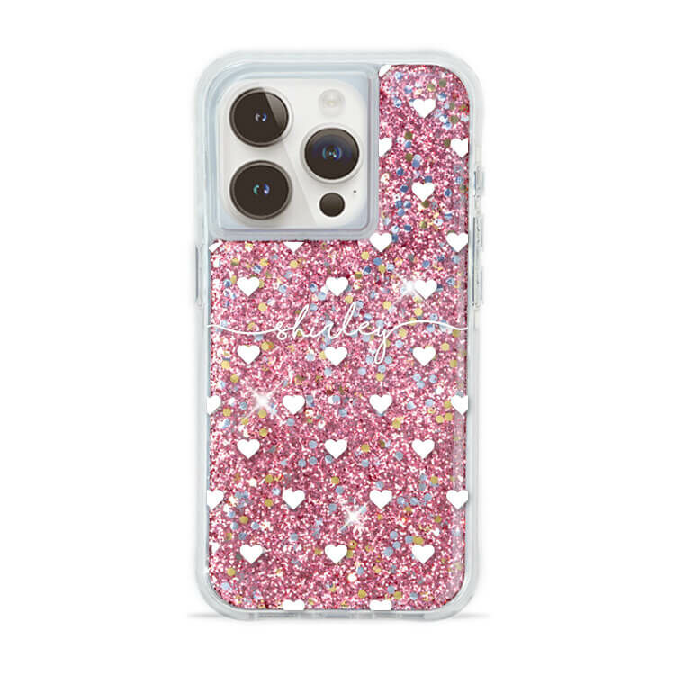 白色愛心 粉耀撞白殼 - (訂製名字) - iPhone 客製化手機殼