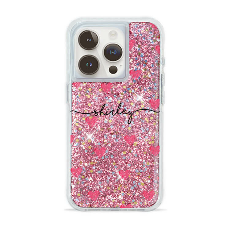 塗鴉愛心 粉耀撞白殼 - (訂製名字) - iPhone 客製化手機殼