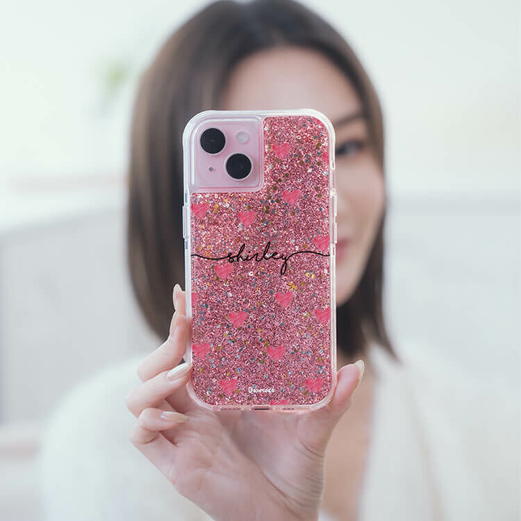 塗鴉愛心 粉耀撞白殼 - (訂製名字) - iPhone 客製化手機殼