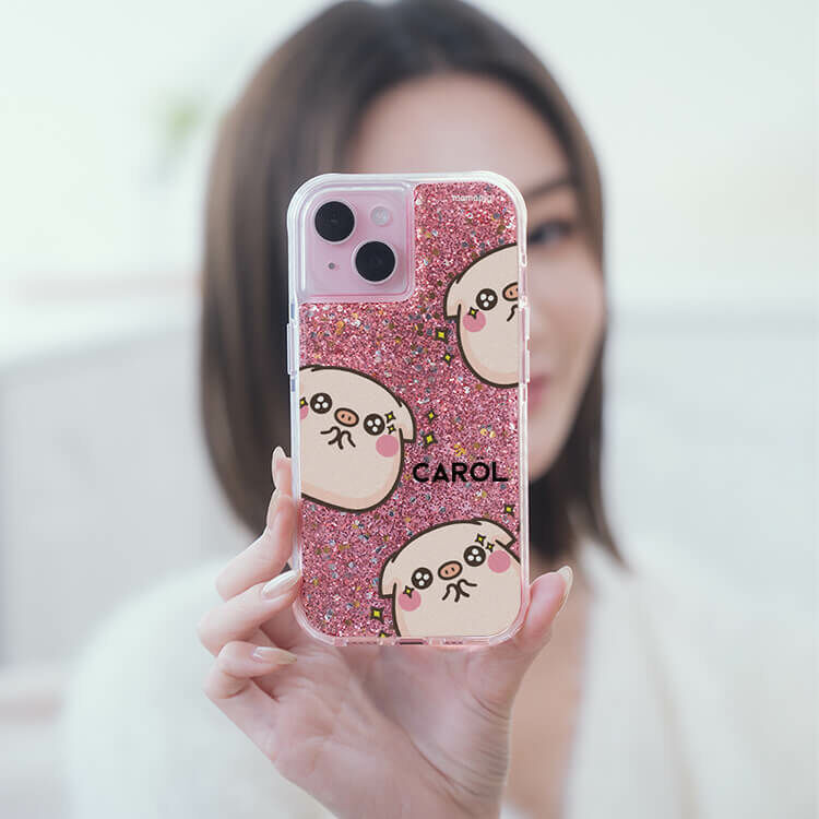 【插畫聯名】圓滾滾萌萌豬 粉耀撞白殼 - (訂製名字) - iPhone 客製化手機殼