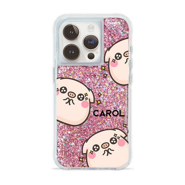 【插畫聯名】圓滾滾萌萌豬 粉耀撞白殼 - (訂製名字) - iPhone 客製化手機殼