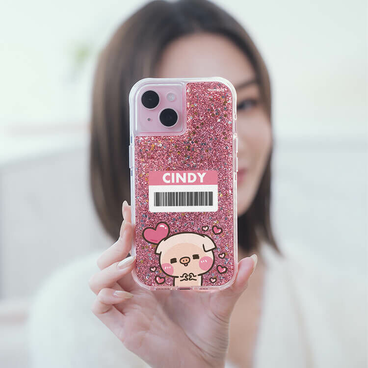 【插畫聯名】幸福肥萌萌豬 粉耀撞白殼 - (訂製名字) - iPhone 客製化手機殼