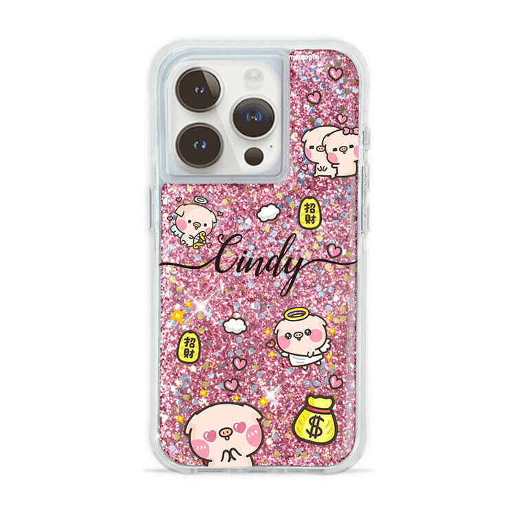 【插畫聯名】滿滿萌萌豬 粉耀撞白殼 - (訂製名字) - iPhone 客製化手機殼