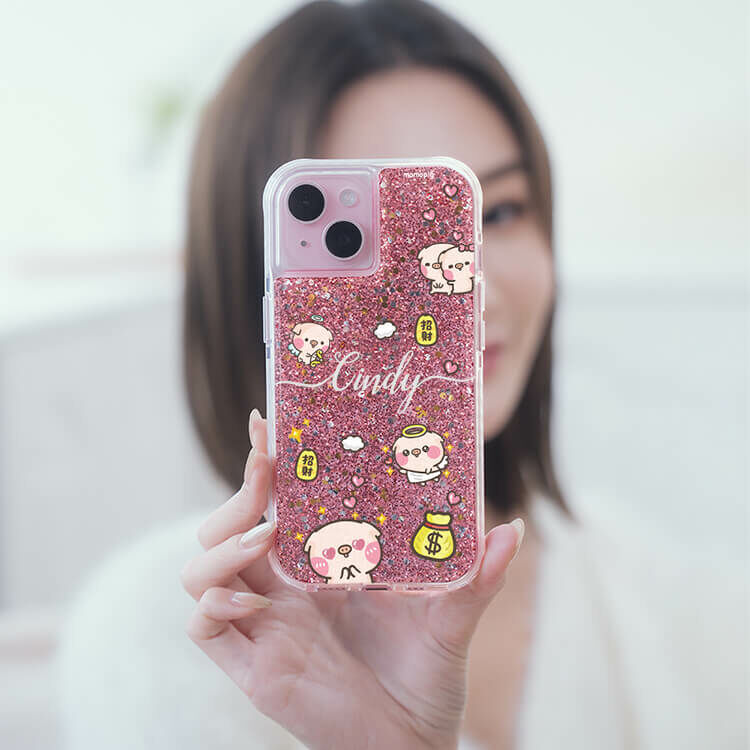 【插畫聯名】滿滿萌萌豬 粉耀撞白殼 - (訂製名字) - iPhone 客製化手機殼