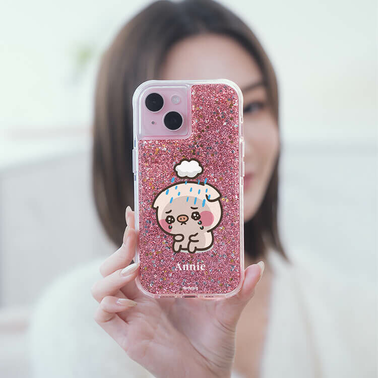 【插畫聯名】厭世萌萌豬 粉耀撞白殼 - (訂製名字) - iPhone 客製化手機殼
