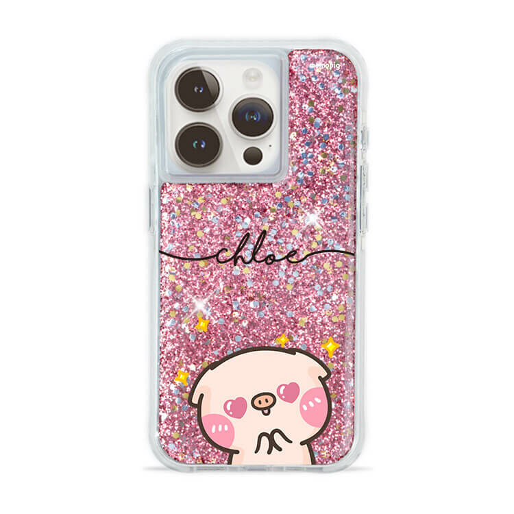 【插畫聯名】黑皮萌萌豬 粉耀撞白殼 - (訂製名字) - iPhone 客製化手機殼