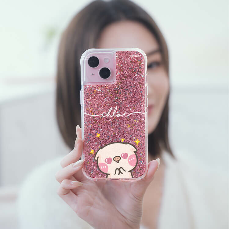 【插畫聯名】黑皮萌萌豬 粉耀撞白殼 - (訂製名字) - iPhone 客製化手機殼