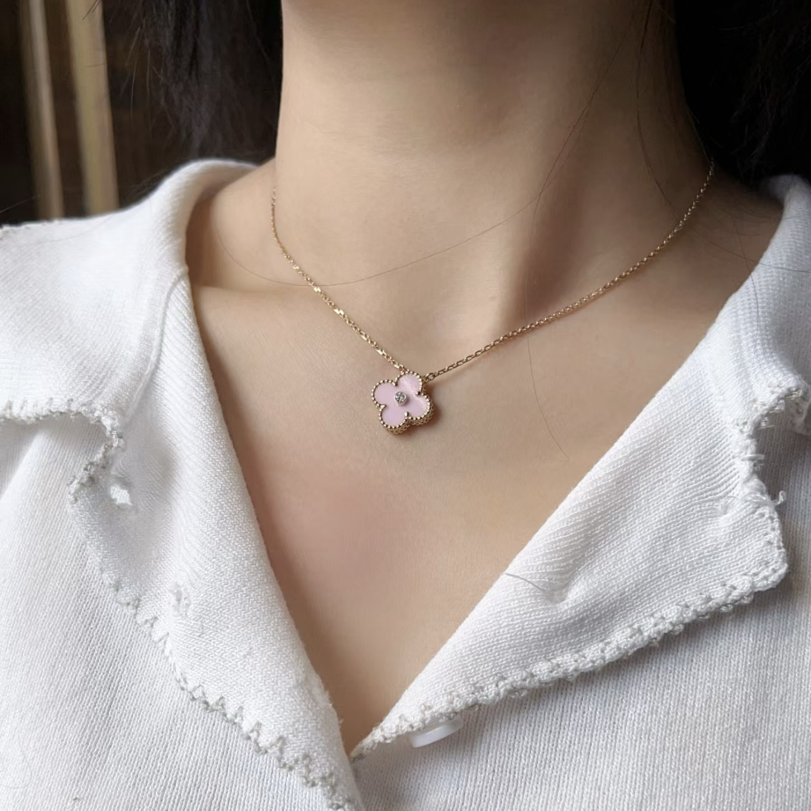 18k”粉母貝中號四葉草水鑽/無鑽”高奢定製項鍊