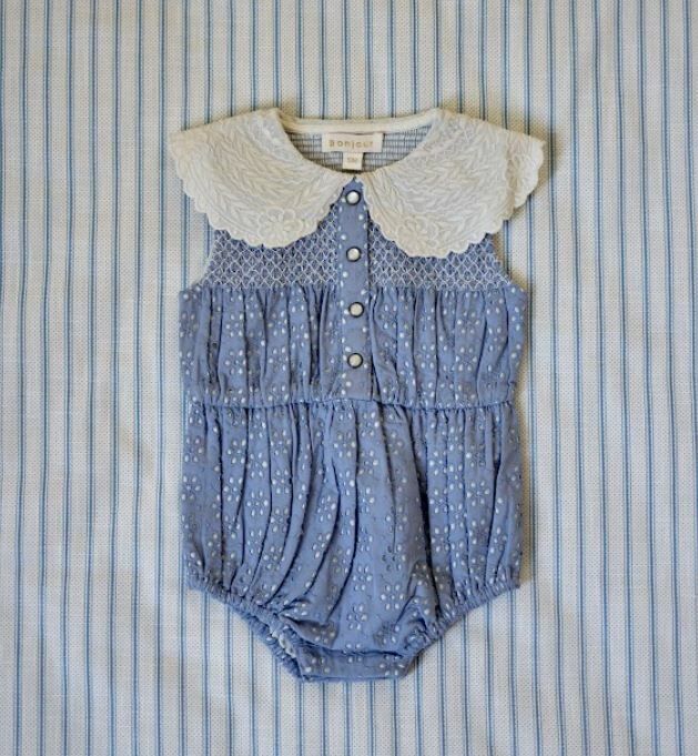 BONJOUR DIARY 刺繡領包屁衣 BABY ROMPER Blue broderie anglaise