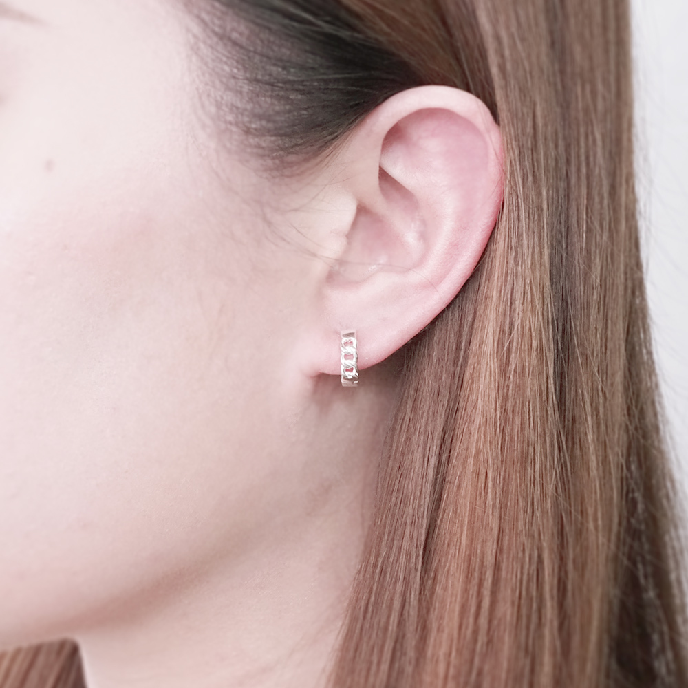 心心相繫 寬版 鎖鏈造型 易扣式 925純銀耳環 女生 男生 中性耳環