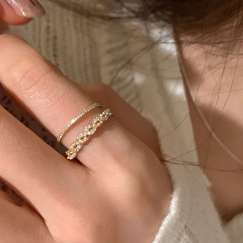 18k麻花珍珠雙層 細鑽開口戒