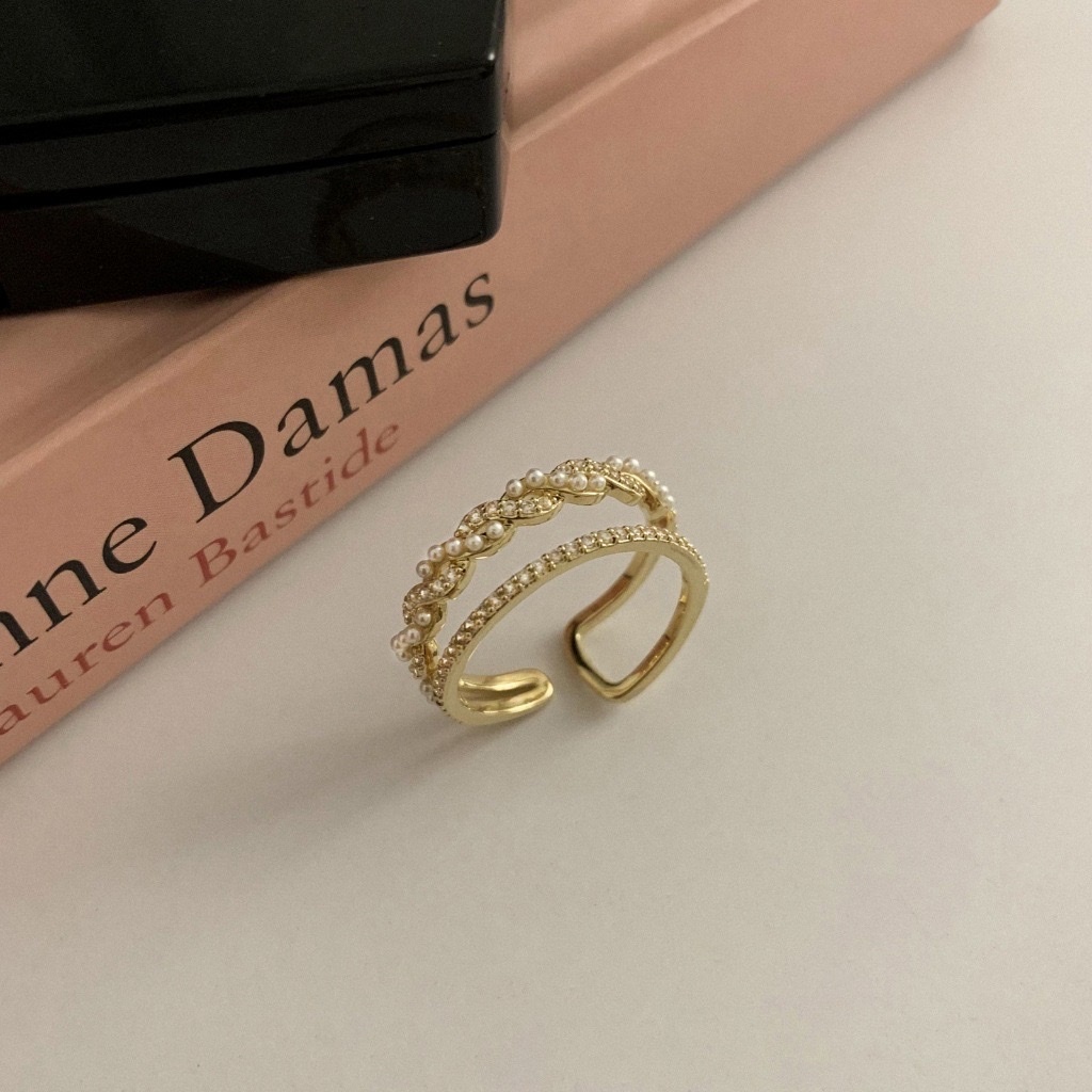 18k麻花珍珠雙層 細鑽開口戒