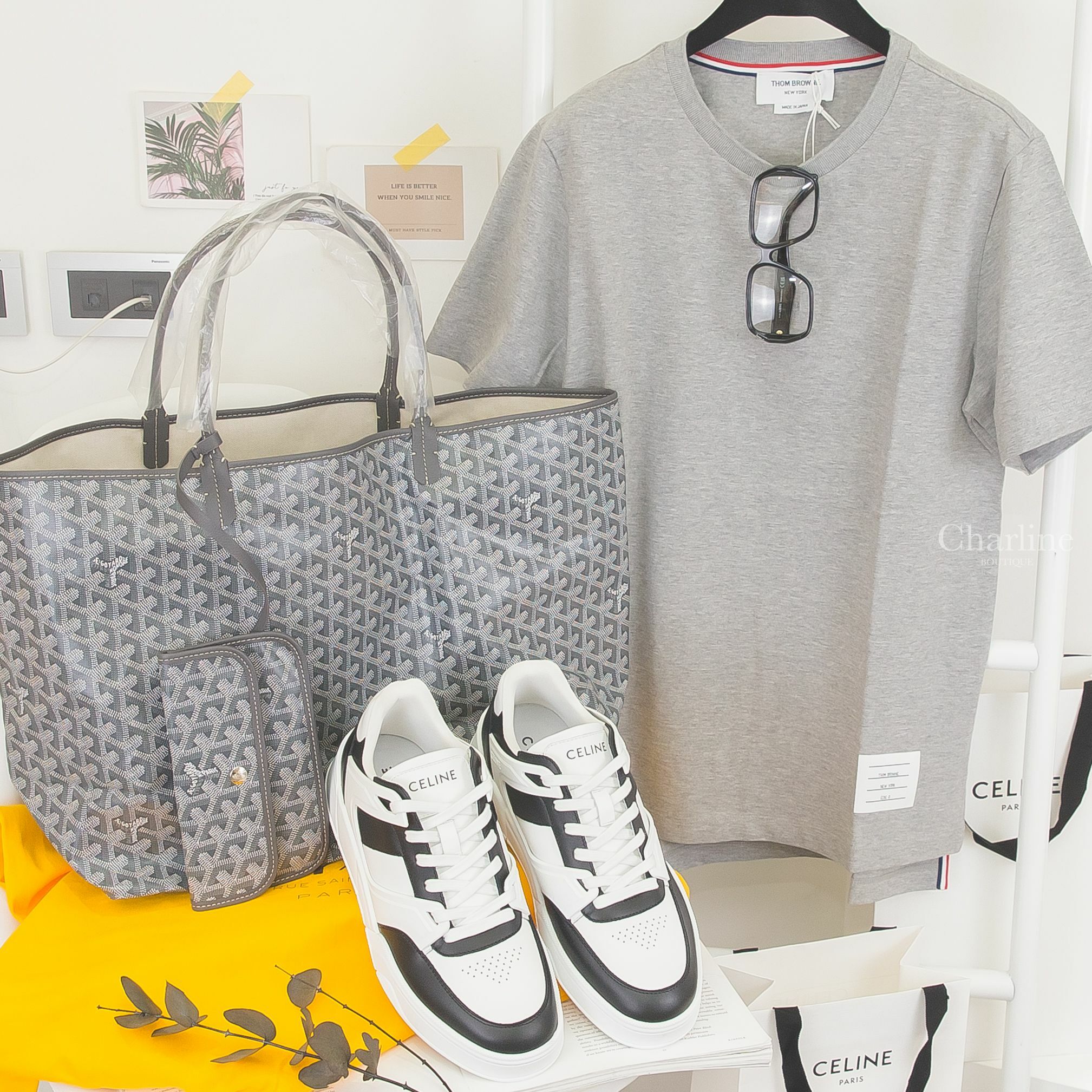 Celine CR-07 光學白黑底白字後跟拼黑色小牛皮低筒運動鞋,Goyard Saint Louis Gm Bag 灰色灰提把大型無拉鍊托特包,Loewe Glasses 黑色方框側邊金色平光眼鏡-Charline Boutique 精品代購
