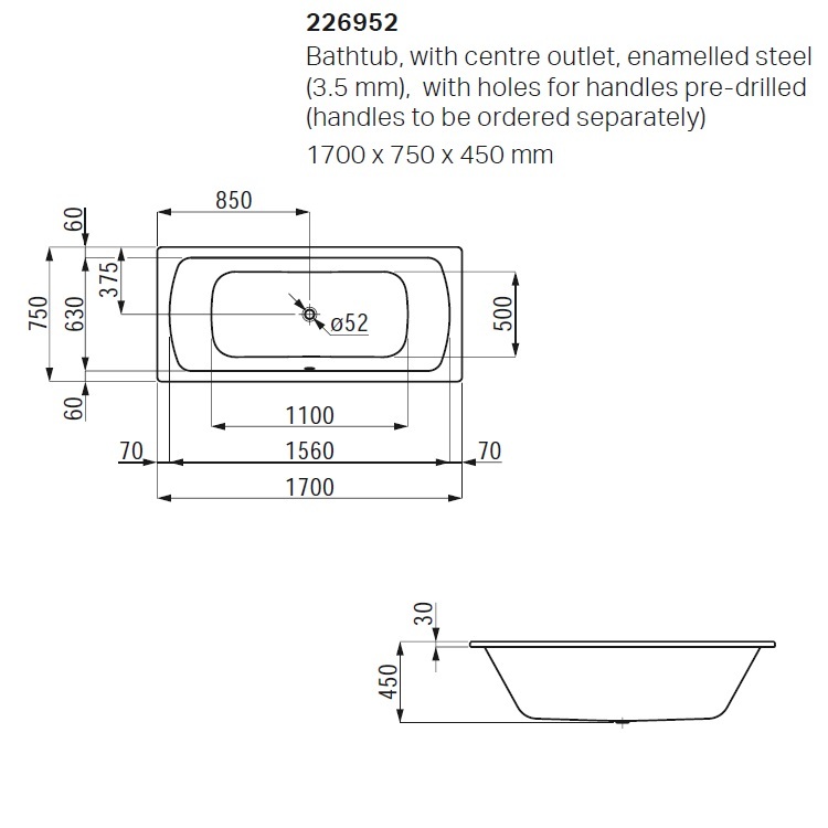 Laufen "Pro" 2.2695.2.600.040.1 + 2.9618.5.004.000.1 Steel Bathtub with antislip with Handle (3.5 mm enamelled steel)