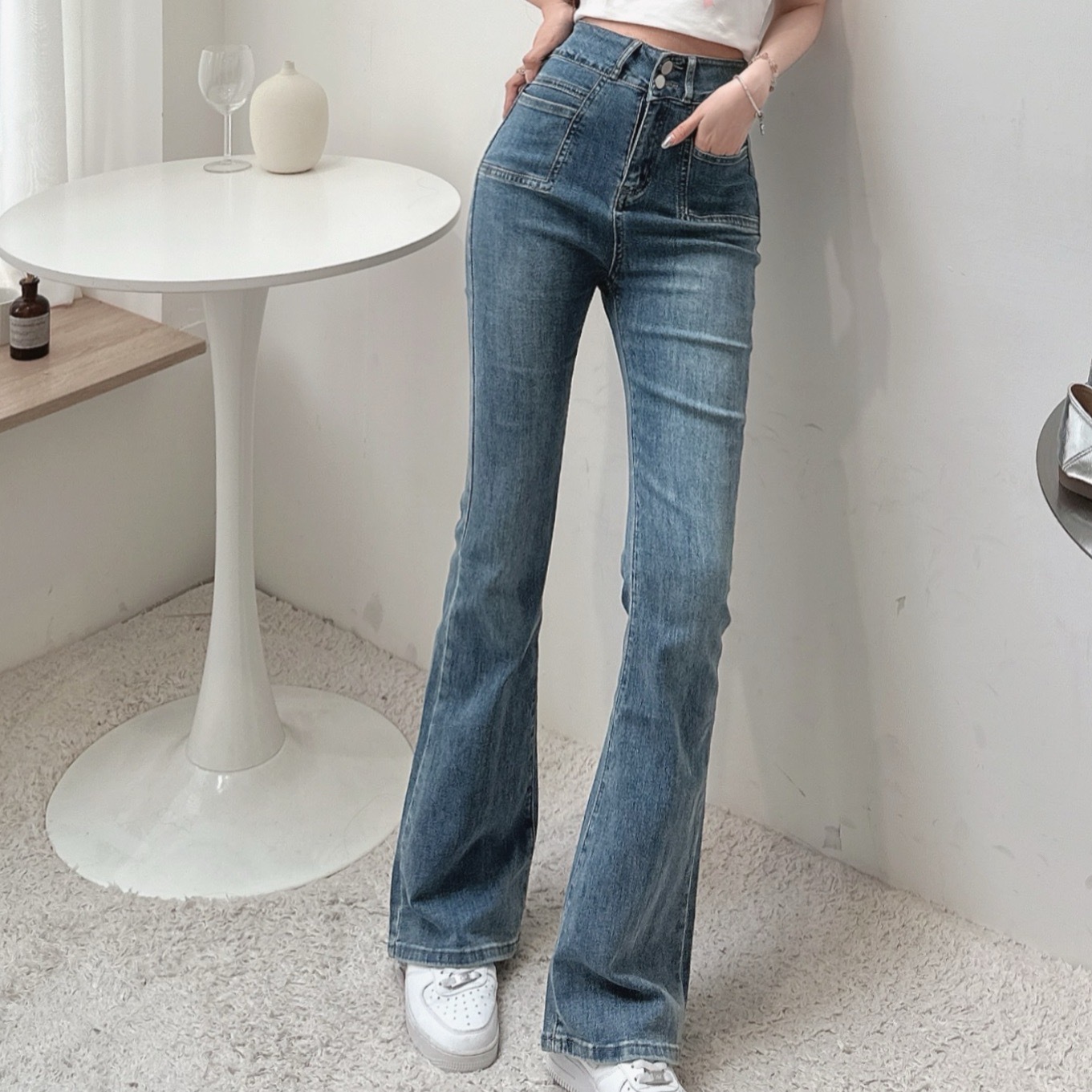 雙口袋高腰牛仔喇叭褲/單一色