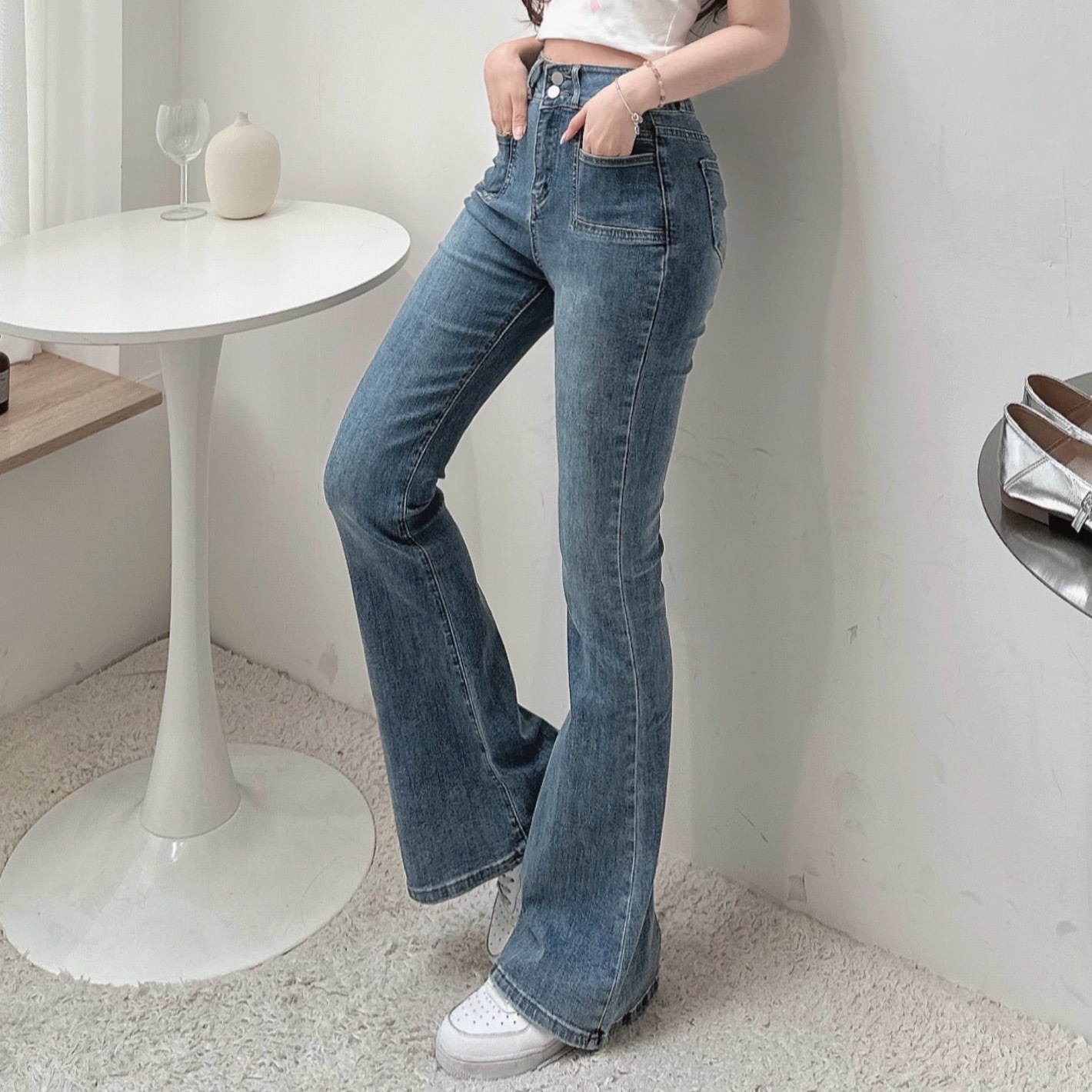 雙口袋高腰牛仔喇叭褲/單一色