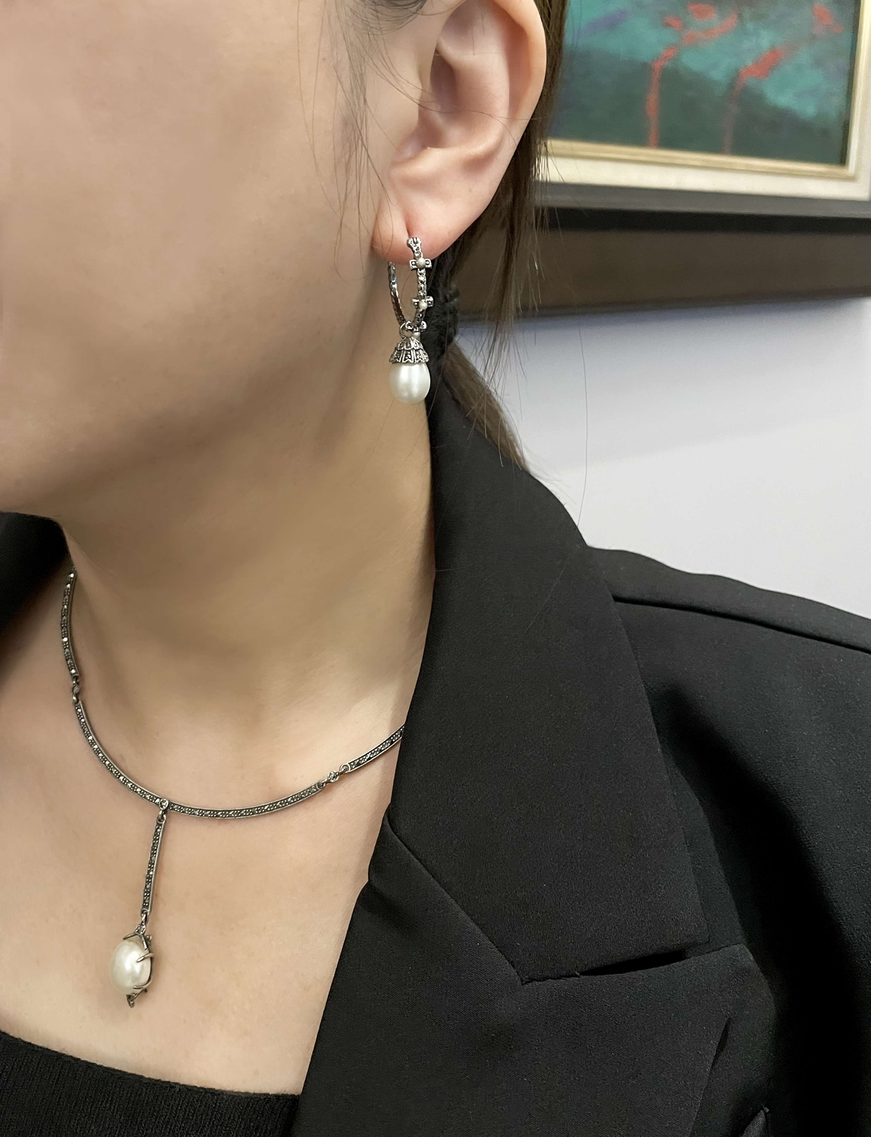 圈圈馬克賽石珍珠耳環OP1539