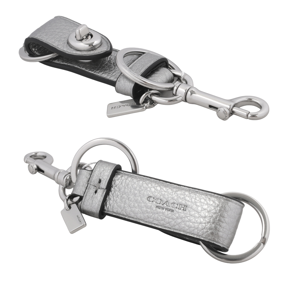 【COACH】轉釦設計金屬色荔枝皮革吊飾/鑰匙圈(煤灰色) CP616 SVWFX