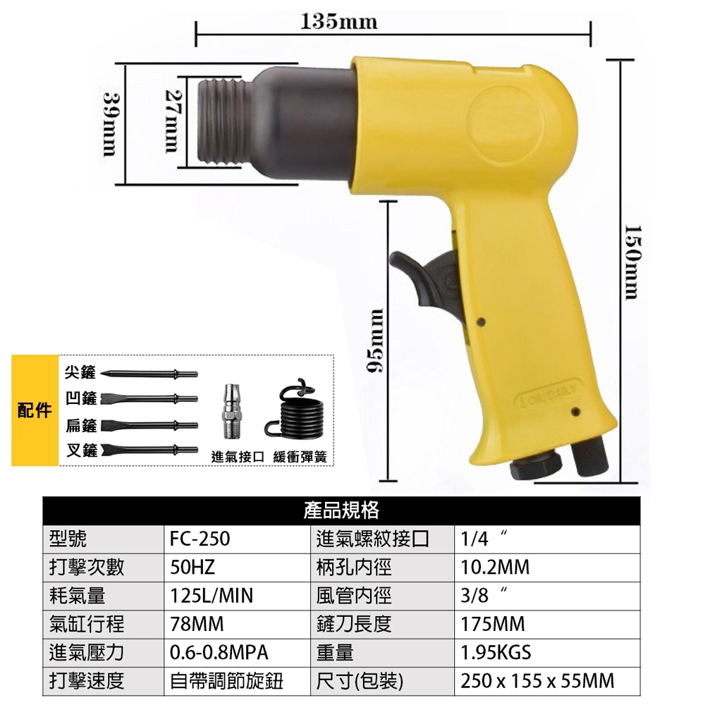 附發票｜FC250 圓頭氣動鎚組｜ 1/4接頭 氣鏟 風鏟 氣動鏟 氣動鑿 强力氣錘 除鏽槍 破壞鎚除鏽