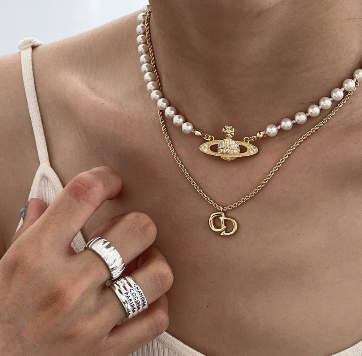 18k經典土星低奢 金銀鑽珍珠項鍊