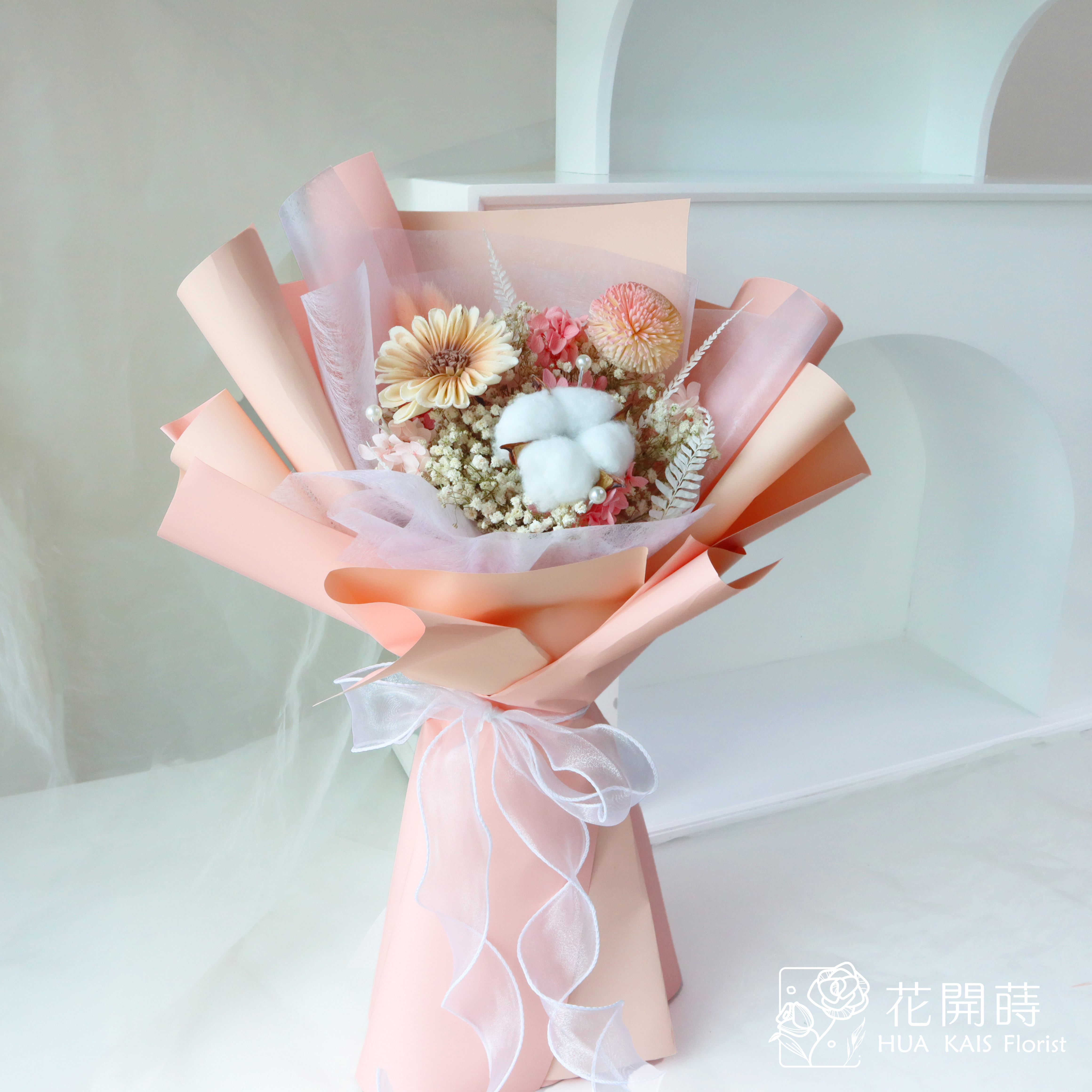 畢業花束|少女粉畢業花束L|畢業乾燥花束|非洲菊|棉花|畢業禮物|索拉花束|乾燥花束