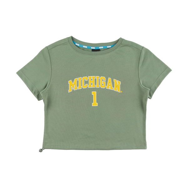 NCAA 短T 淺綠 黃白LOGO 密西根 復古 短版T 女 7322112071