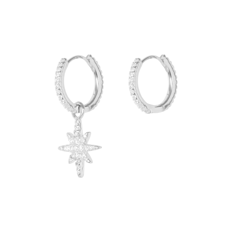 純銀耳飾，女士耳飾 八心八箭璀璨鋯石；不對稱設計 單邊閃耀（3708銀色）