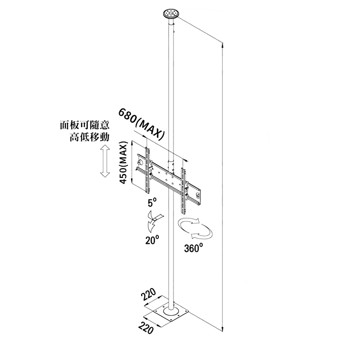 【到府安裝可詢價】頂天立地架 300CM 適用32-71吋 電視架單柱單螢幕/需鎖天花板.地面/鋼柱可伸縮藏線/面板可多向調整