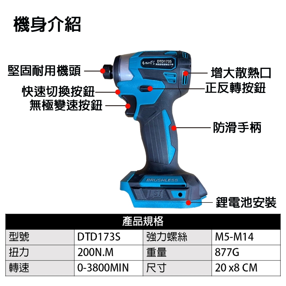 附發票｜DTD173S｜無刷鋰電衝擊起子機 大扭力 電動 電鑽 衝擊扳手 充電板手 通牧田電池