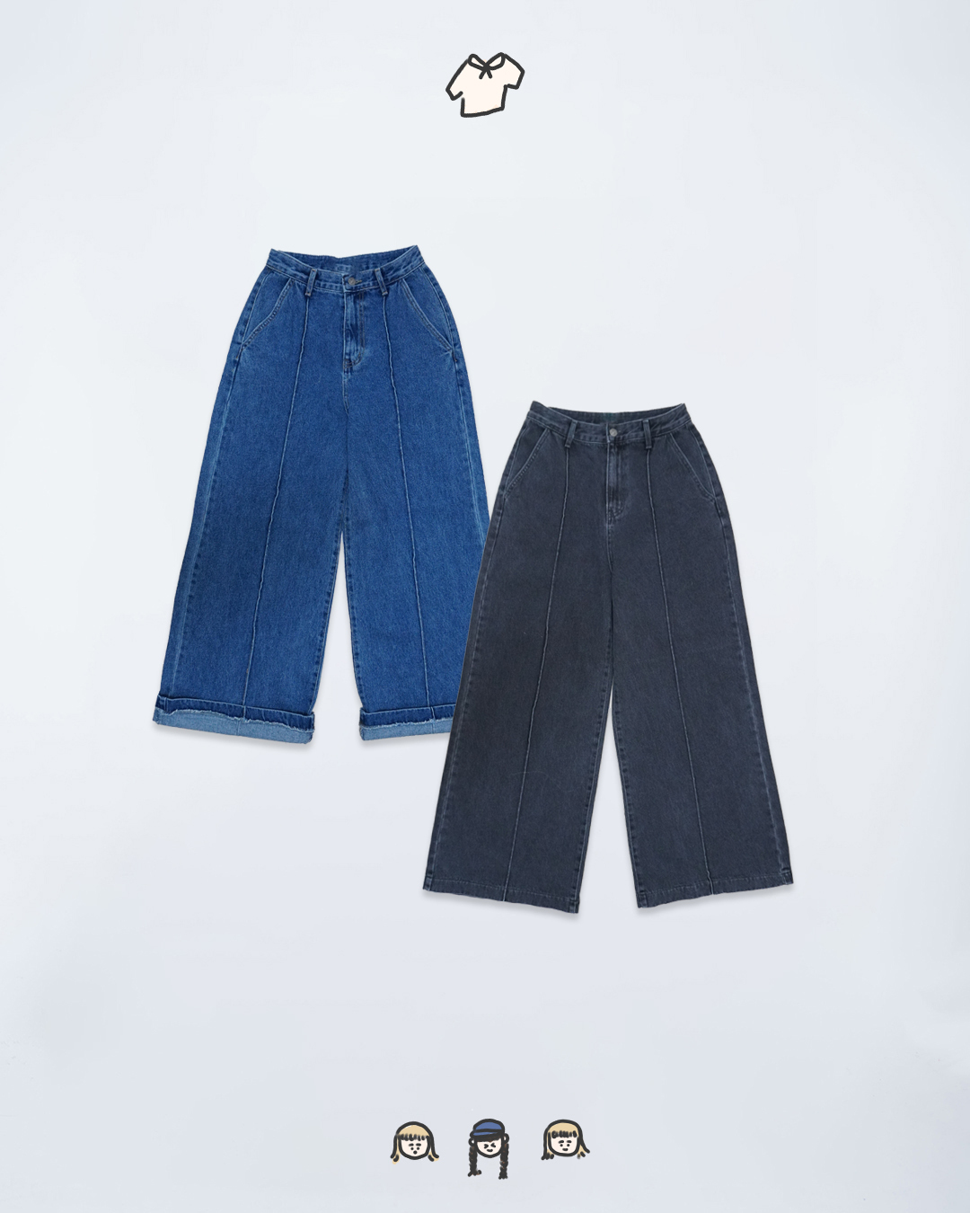 中線洗水牛仔寬褲