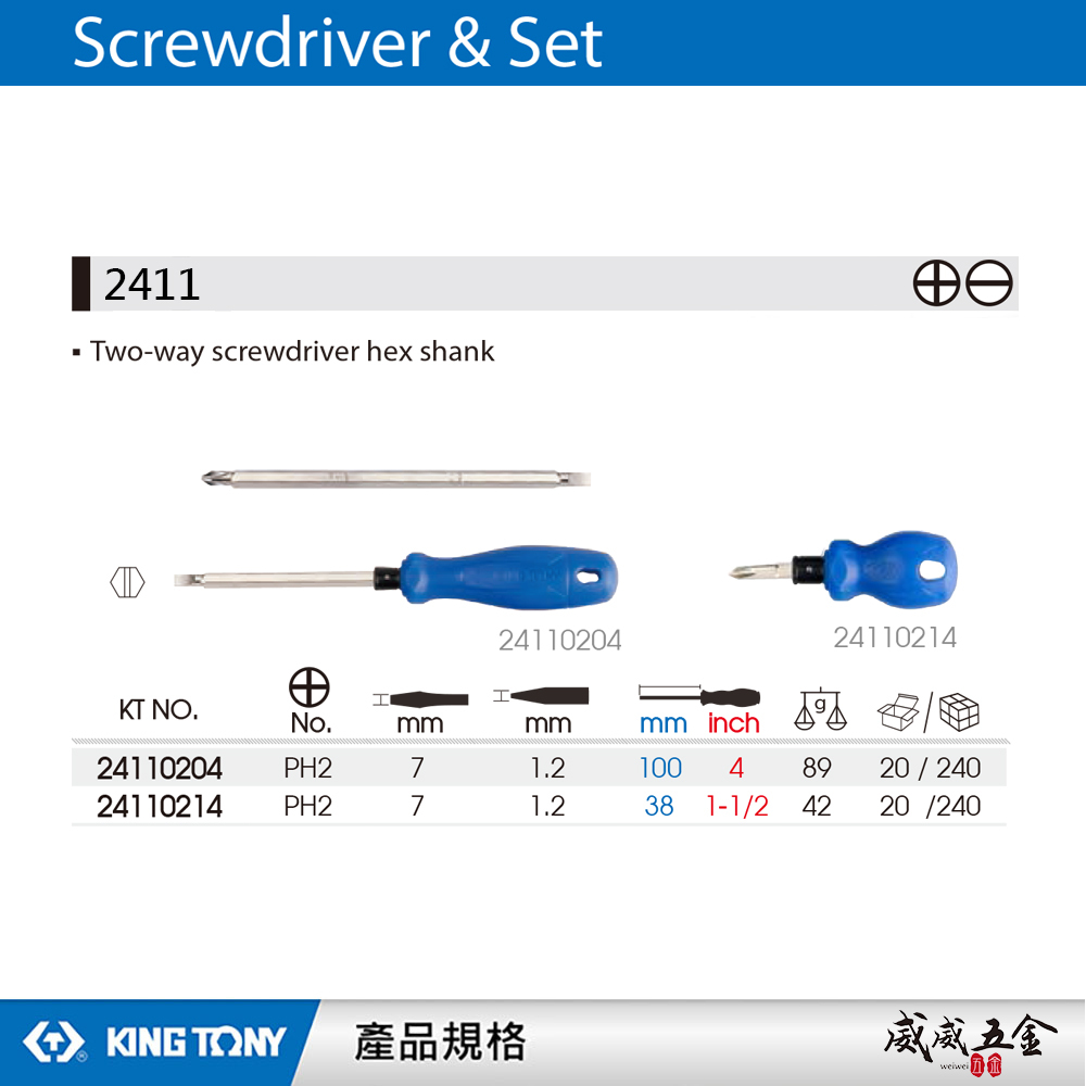 KING TONY 金統立｜24110214｜規格 38mm 替換式兩用螺絲起子 十字 一字 膠柄螺絲起子