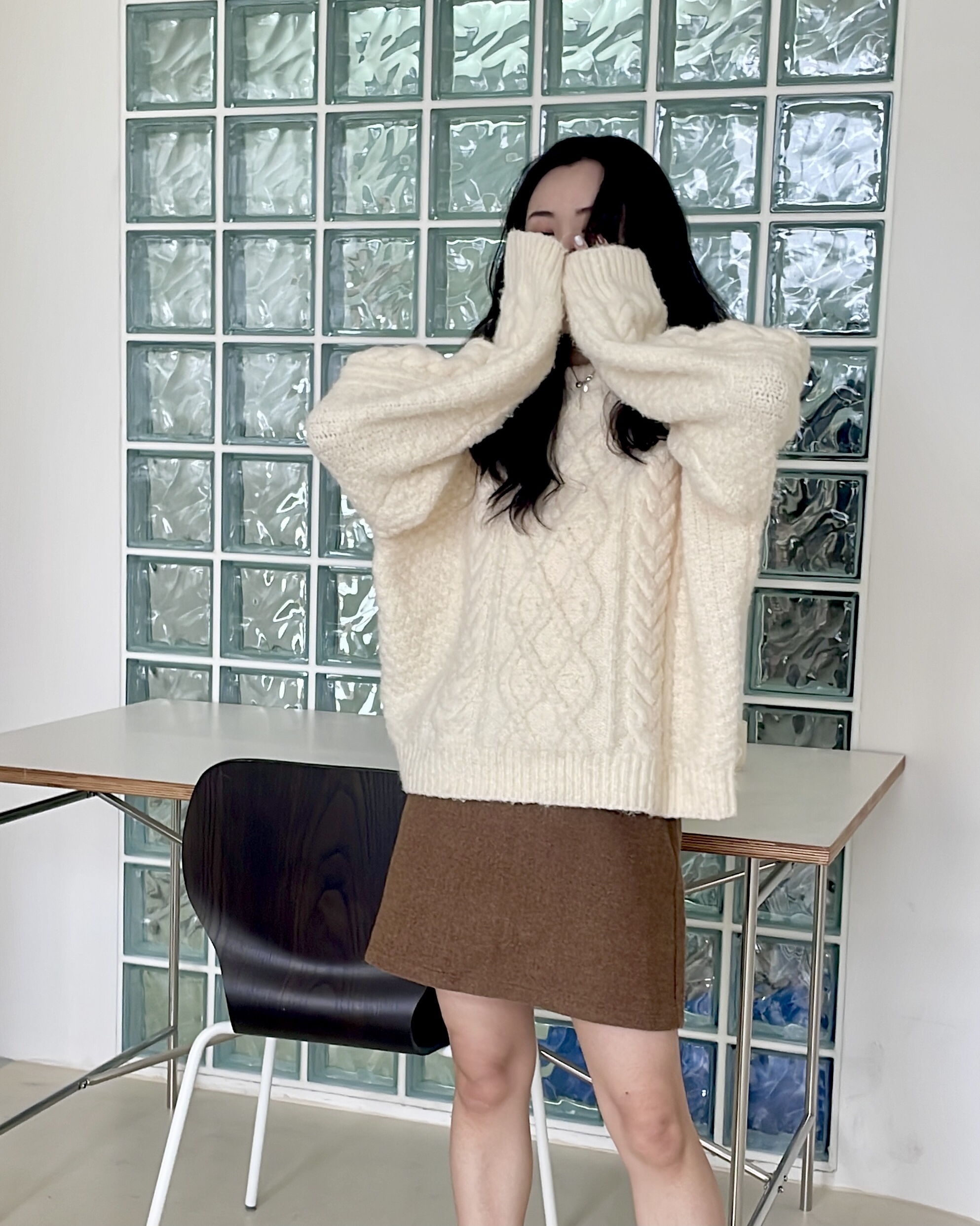 奶奶咖咖寬鬆麻花毛衣