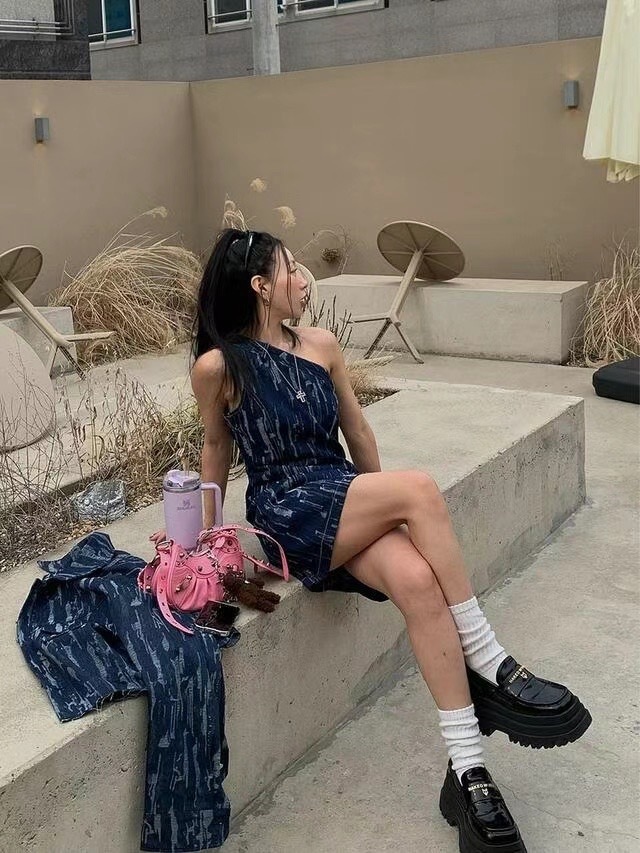 單肩牛仔割痕洋裝