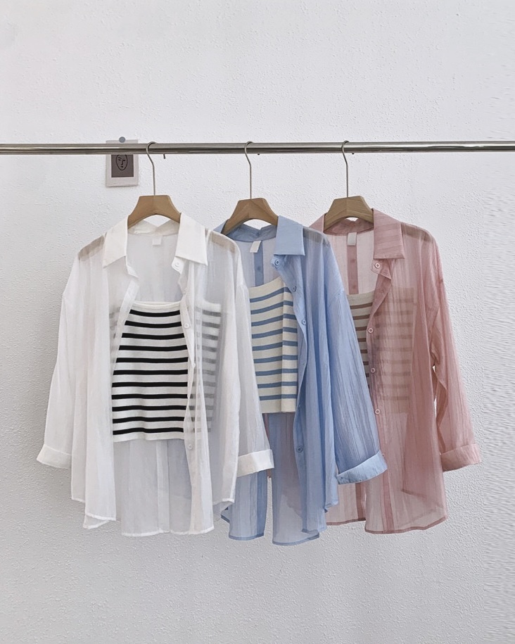 P8264 - Collar Long Sleeve Top + Knitted Striped Sleeveless Top (Pre Order)
