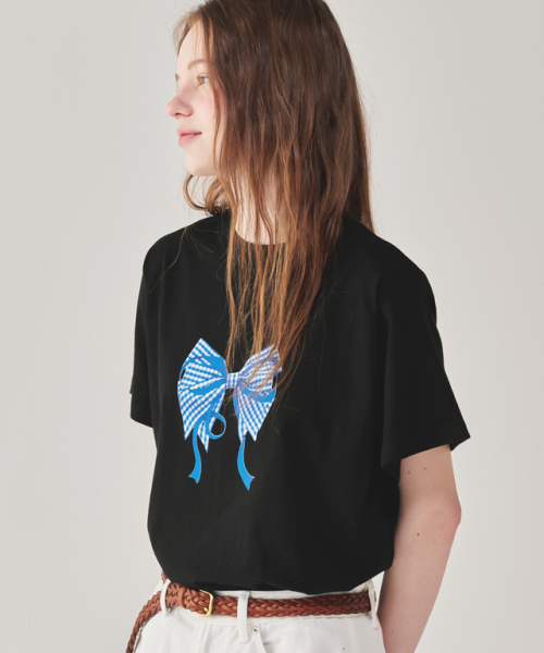 RONRON GINGHAM DOUBLE RIBBON BASIC FIT T SHIRT