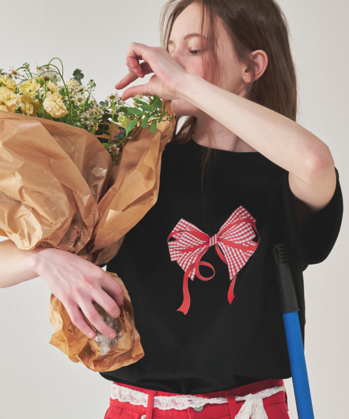 RONRON GINGHAM DOUBLE RIBBON BASIC FIT T SHIRT