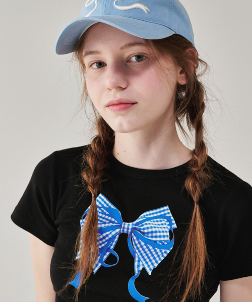 ★RONRON★GINGHAM DOUBLE RIBBON SLIM CROP T SHIRT GINGHAM DOUBLE RIBBON SLIM CROP T SHIRT WHITE BLUE - RONRON 론론