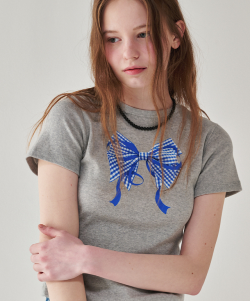 RONRON GINGHAM DOUBLE RIBBON SLIM CROP T SHIRT