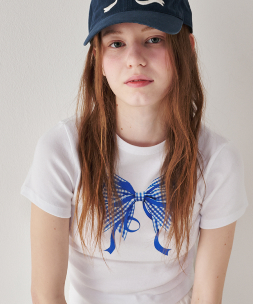 RONRON GINGHAM DOUBLE RIBBON SLIM CROP T SHIRT