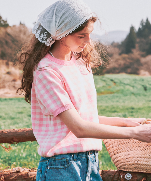 RONRON GINGHAM SHORT SLEEVE KNIT PULLOVER