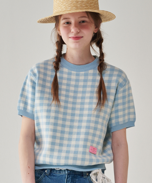 RONRON GINGHAM SHORT SLEEVE KNIT PULLOVER