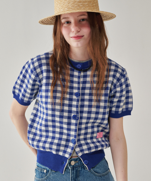RONRON GINGHAM SHORT SLEEVE KNIT CARDIGAN