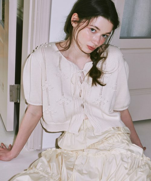 RONRON EMBO RIBBON SHORT KNIT CARDIGAN