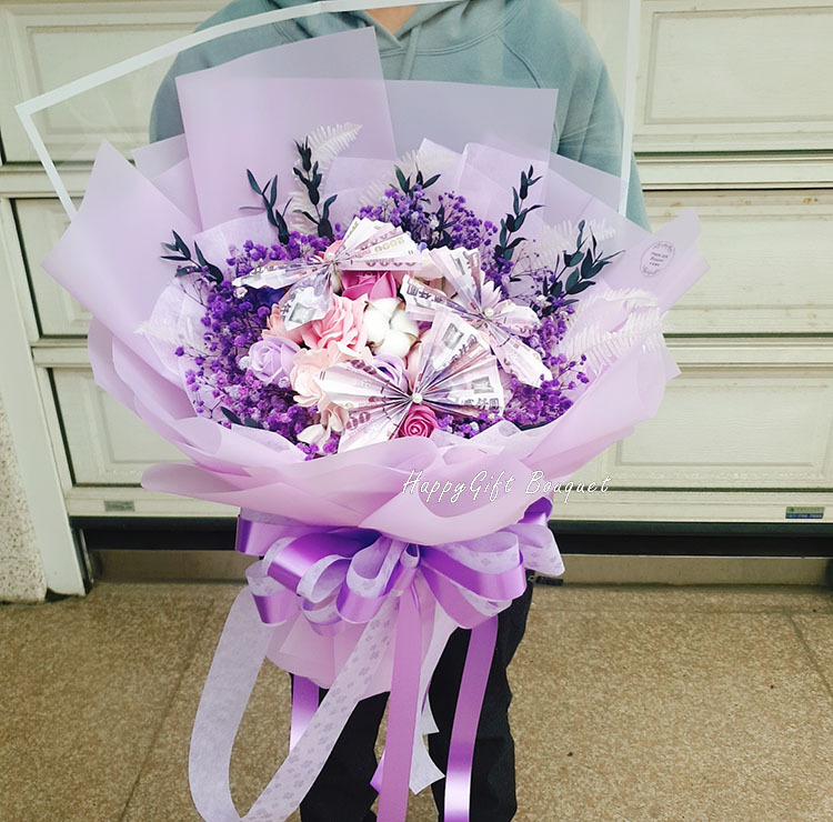 三朵蝴蝶鈔票紫色花束