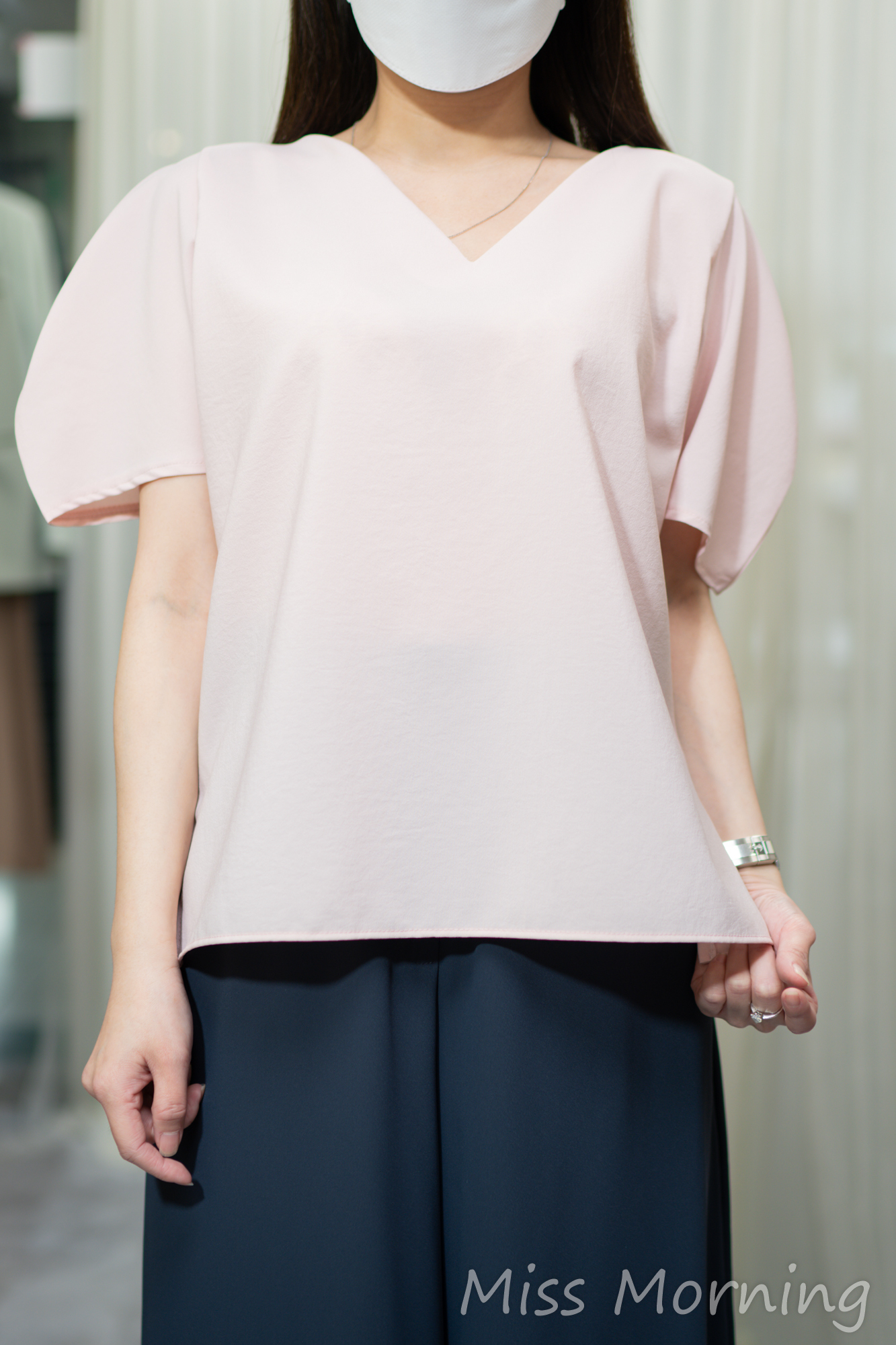 時尚麻料V領上衣(13806)