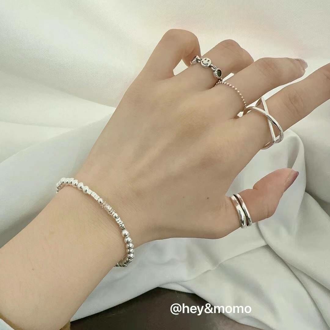 HM2427 ⚪️925銀 轉運銀球➕切割面四方銀塊 彈性繩手鍊
