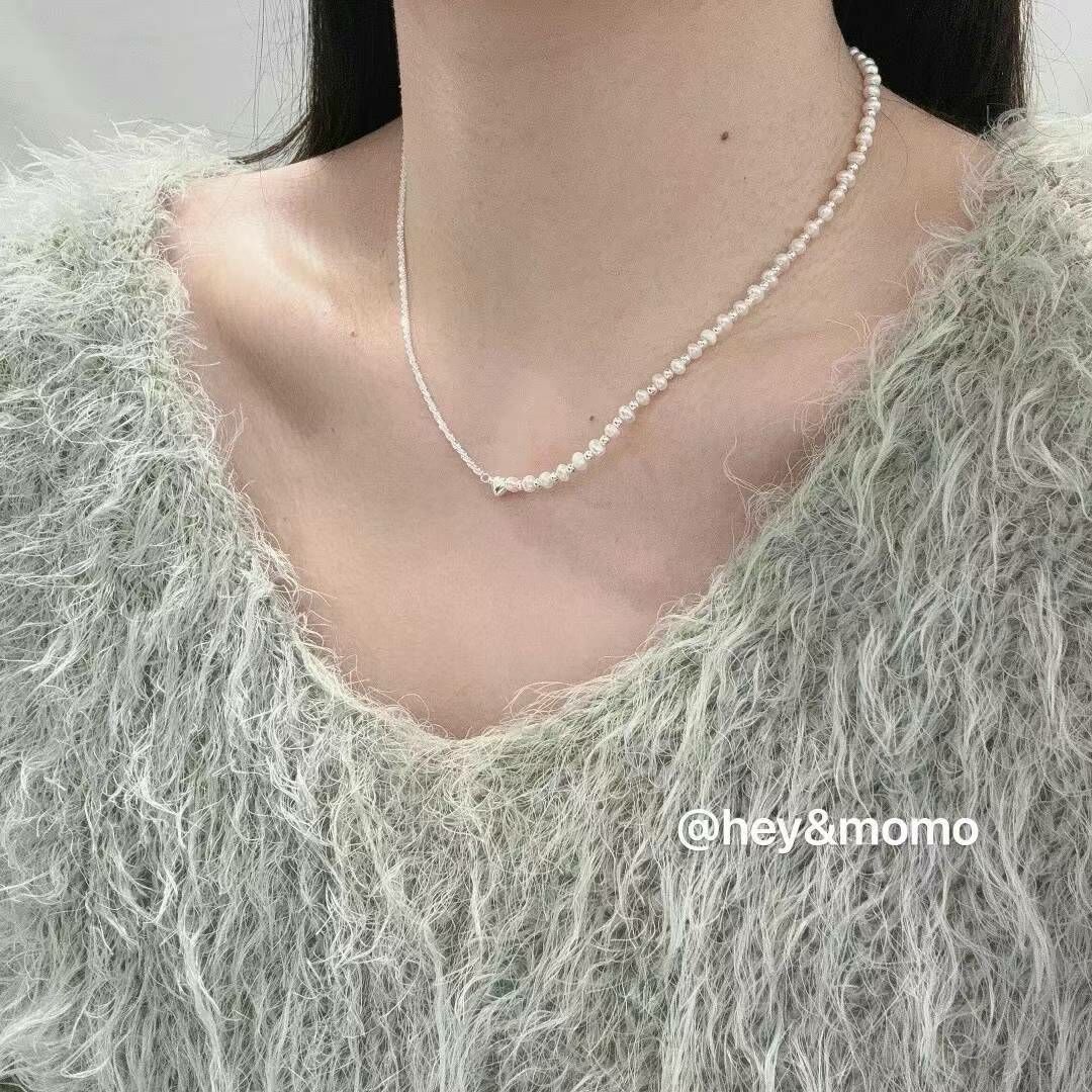 HM2428 ⚪️925 銀 義大利亮銀➕淡水珍珠 銀球 愛心項鍊